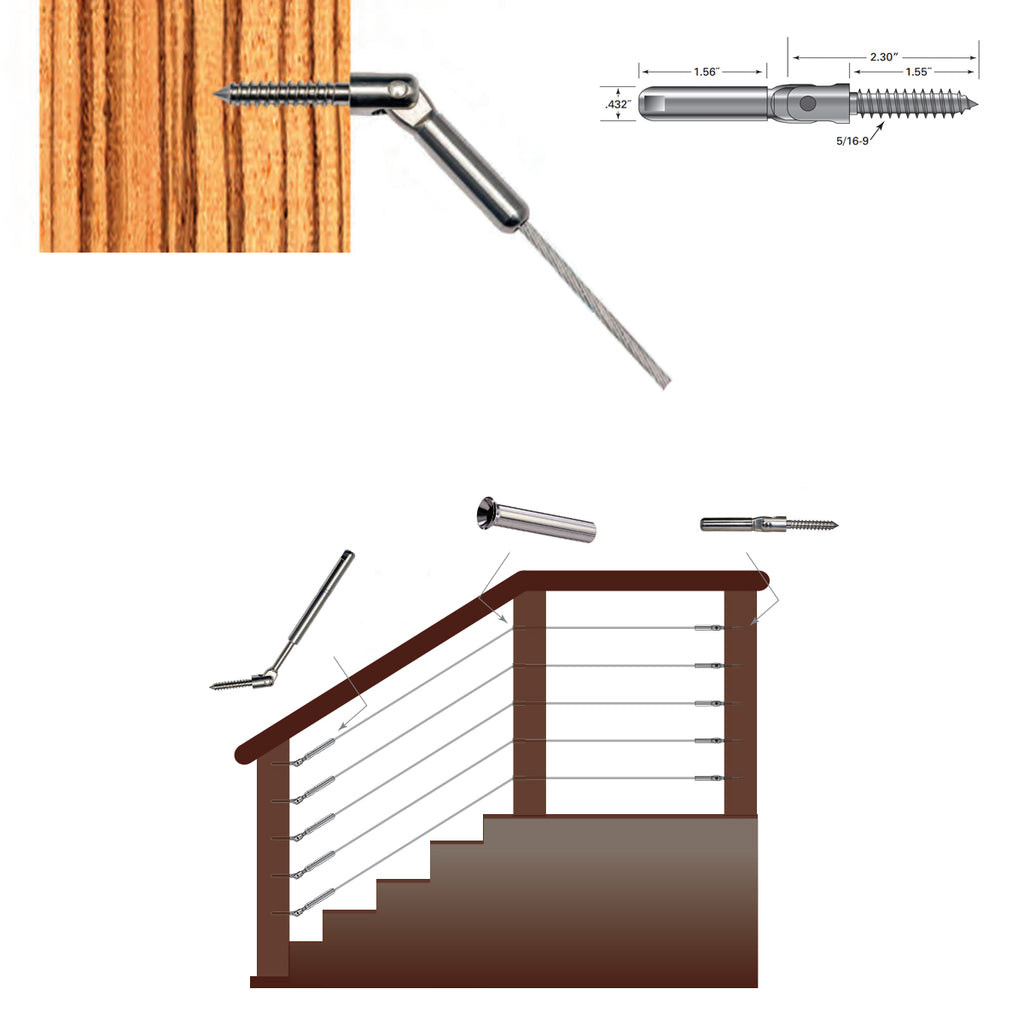 Stainless Steel Cable Swagless Non-Tensioning End Adjustable Lag Screw for Angled Railing