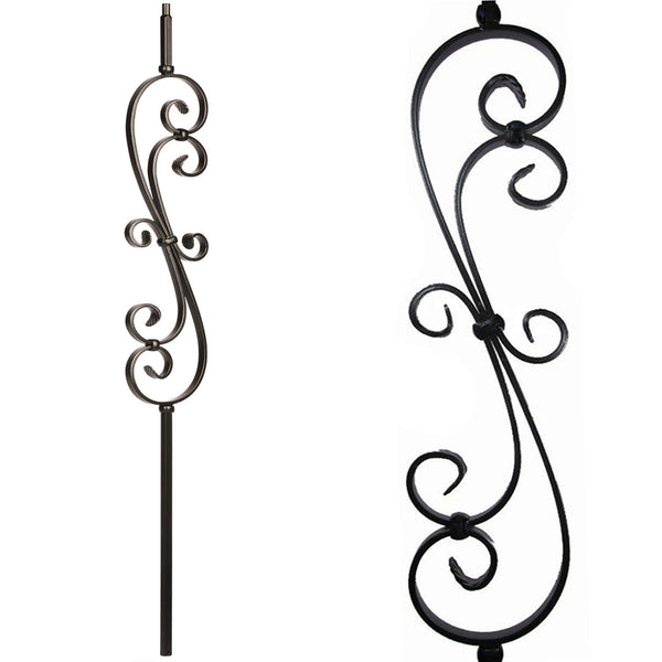 1/2 Iron Baluster Skinny Scroll (5-Pack) Stair Parts Hollow Metal Spindles  - Stair Railing Scroll Wrought Iron Balusters (Real Satin Black not Matte)  
