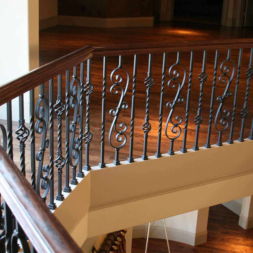 stair system with mega scroll worught iron baluster